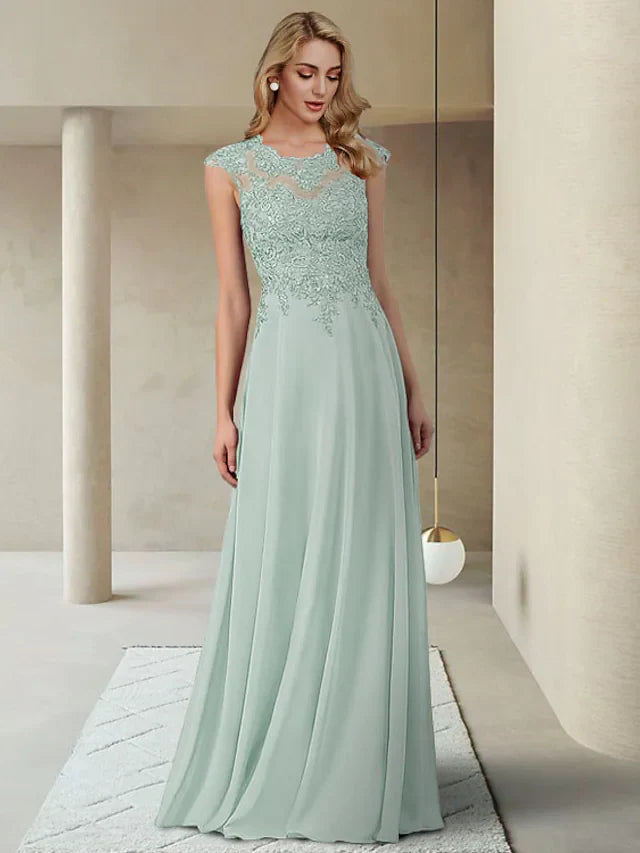Wholesale Mother of the Bride Dress Elegant Jewel Neck Floor Length Chiffon Lace Short Sleeve with Pleats Appliques